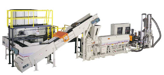 Traditional, shredder/single screw extruder recycling line